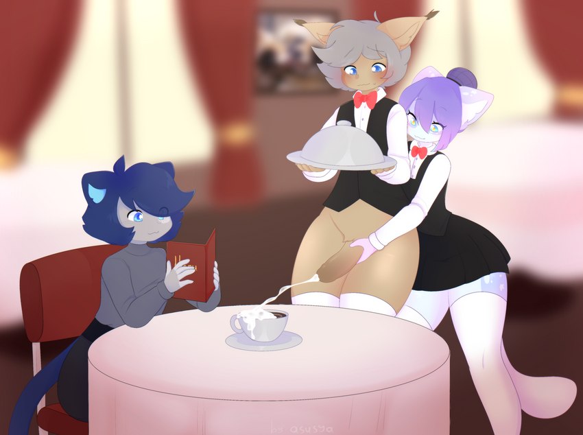 anthro beverage blue_eyes blue_hair blush bodily_fluids bow_(feature) bow_tie cafe clothed clothing coffee container cuckold cum cum_in_a_cup cum_in_container cup ejaculation female femboy food footwear furniture genital_fluids genitals grey_hair group hair handjob male male/female masturbation penile penis public purple_hair reading sex sitting smile socks table trio waiter waiter_suit asusya hanky_(princehenkalya) henkalya_(princehenkalya) kokoro_(asusya) domestic_cat felid feline felis hybrid lynx mammal absurd_res digital_media_(artwork) hi_res shaded signature