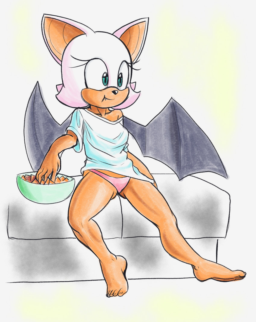 5_fingers 5_toes anthro black_nose clothed clothing eating eyelashes feet female fingers food green_eyes nachos shirt sitting solo toes topwear underwear wings fourssss sega sonic_the_hedgehog_(series) rouge_the_bat bat mammal hi_res