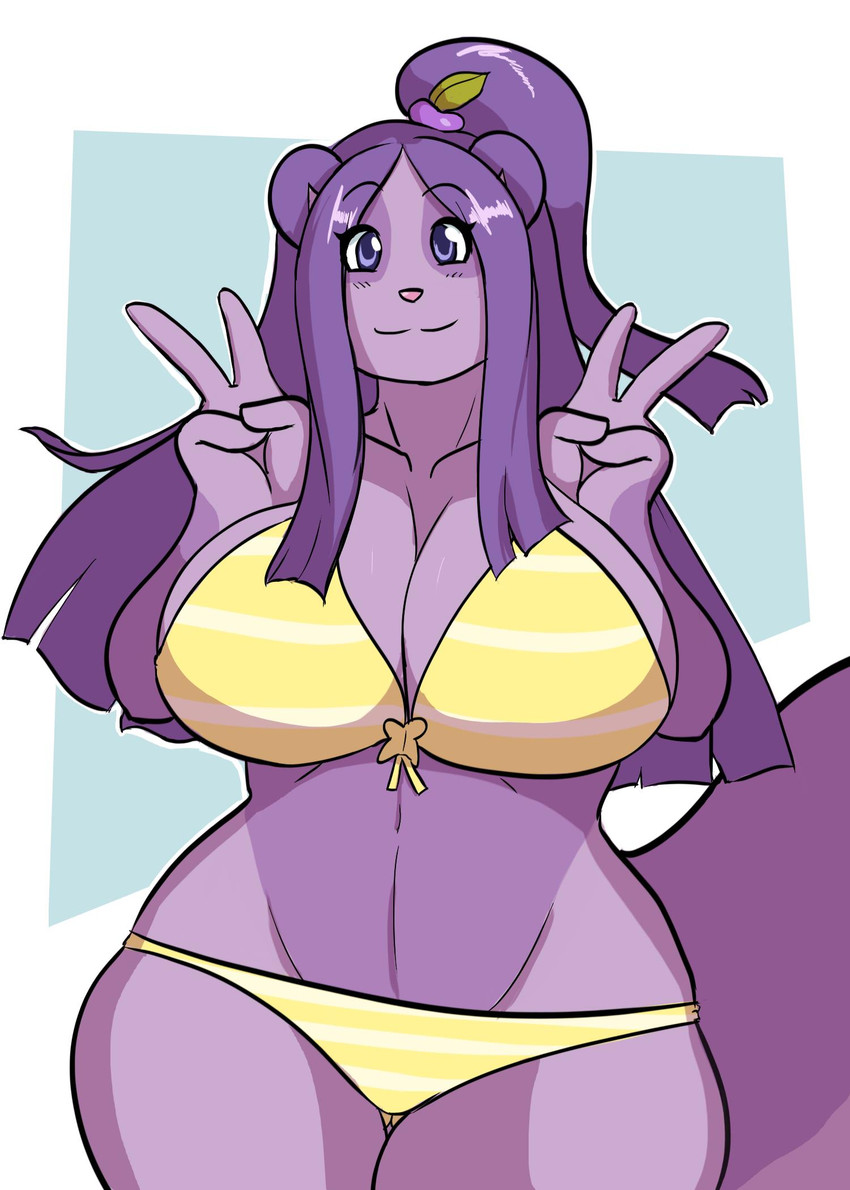 anthro big_breasts bikini breasts butt butt_from_the_front clothed clothing curvy_figure female hair huge_breasts smile solo swimwear tail thick_thighs thigh_gap two-piece_swimsuit voluptuous wide_hips jwinkz plum_(miu) mammal rodent sciurid tree_squirrel hi_res