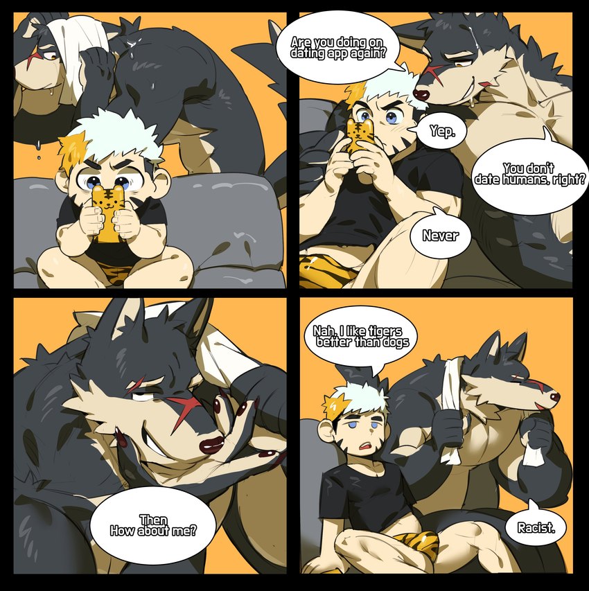 4_panel_comic abs anthro big_pecs black_body black_fur blonde_hair bulge cellphone clothing dating_app dialogue duo electronics eye_scar facial_scar fur hair larger_anthro larger_male male multicolored_body multicolored_fur multicolored_hair muscular muscular_anthro muscular_male nude pecs phone scar size_difference smaller_human smaller_male text underwear white_body white_fur white_hair art_uza canid canine canis human mammal wolf absurd_res comic english_text hi_res