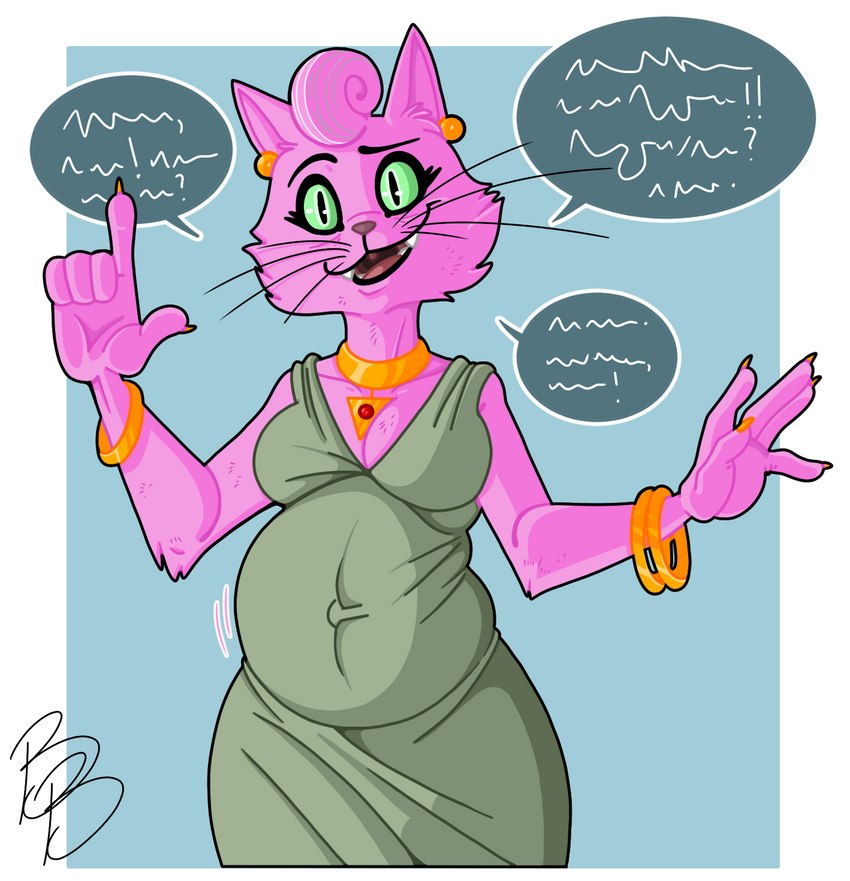 5_fingers anthro breasts claws clothed clothing dress eyebrows female fingers fur green_eyes jewelry open_mouth open_smile pink_body pink_fur pregnant pregnant_anthro pregnant_female smile solo speech_bubble whiskers babybumps bojack_horseman netflix princess_carolyn domestic_cat felid feline felis mammal hi_res