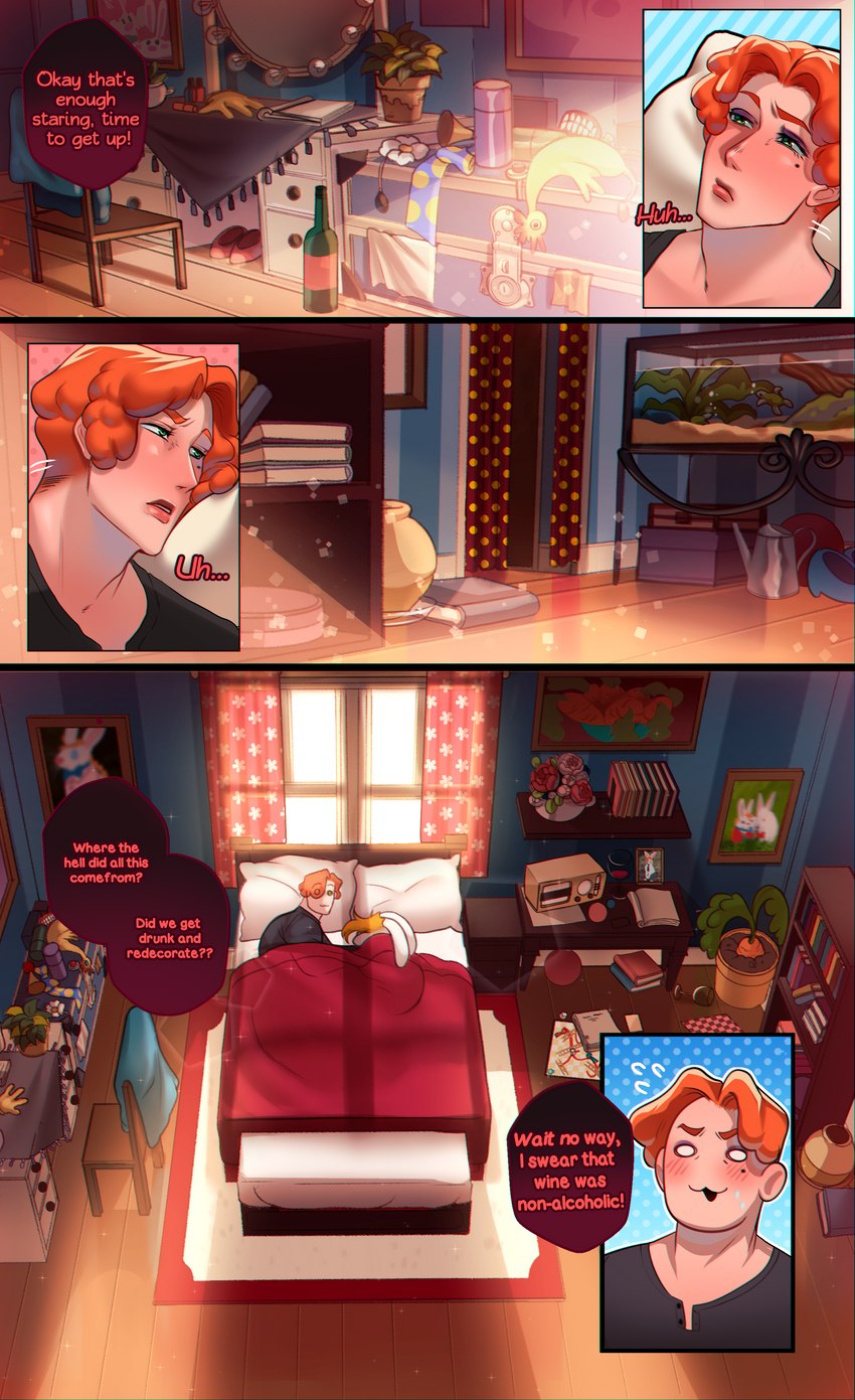 anthro bed bed_sheet bedding clothed clothing crossgender curtains dialogue ftm_crossgender furniture hair male not_furry_focus orange_hair text window memjioof disney who_framed_roger_rabbit jessica_rabbit roger_rabbit human lagomorph leporid mammal rabbit 2023 absurd_res comic english_text hi_res