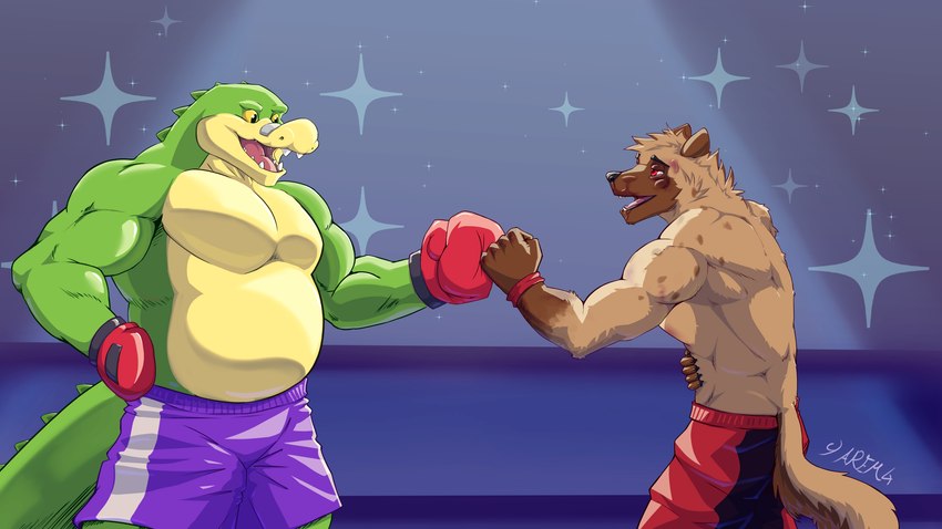 belly bottomwear boxing boxing_gloves boxing_shorts bruised clothing fist_bump gesture handwear male muscular open_mouth ring shorts sport yarem4 brok_the_investigator cowcat_games brok_(brok_the_investigator) crocodile crocodilian hyena mammal reptile scalie spotted_hyena 16:9 hi_res widescreen