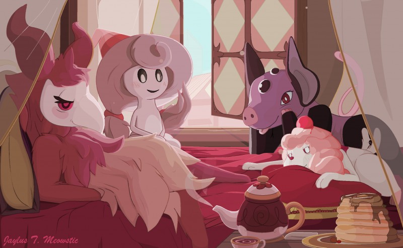 ambiguous_gender anthro bedroom beverage food group inside looking_at_viewer pancake tea teapot jaylus_t_meowstic nintendo pokemon aromatisse generation_3_pokemon generation_6_pokemon generation_8_pokemon grumpig hattrem humanoid pokemon_(species) slurpuff hi_res signature