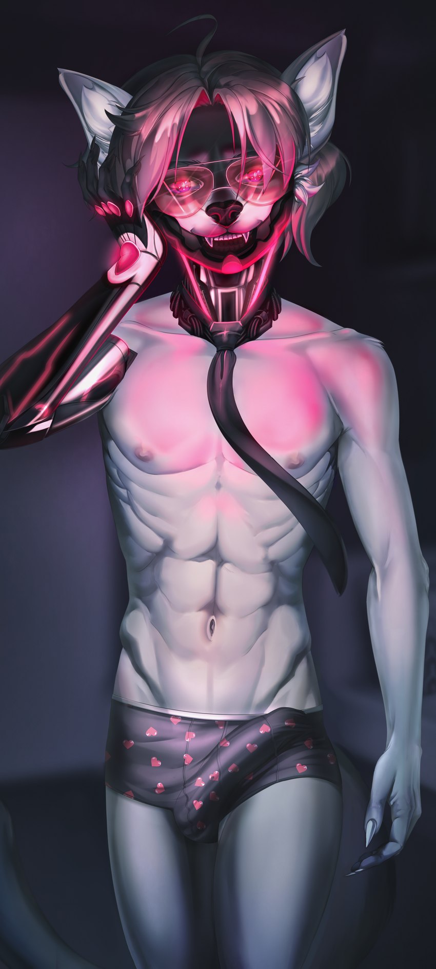 5_fingers abs anthro aroused athletic athletic_anthro athletic_male belly biceps black_hair black_nose blurred_background bulge claws clothed clothing cybernetic_arm cybernetic_jaw cybernetic_limb cybernetic_neck cybernetics cyberpunk detailed_bulge ear_markings erection erection_under_clothing eye_markings eyebrows eyewear finger_claws fingers fur genital_outline genitals glasses grey_clothing grey_ears grey_necktie grey_underwear hair humanoid_genitalia humanoid_penis inner_ear_fluff inside machine male markings navel necktie night nipples nude nude_anthro penis penis_outline pink_nipples red_eyes red_eyewear red_glasses red_light simple_background skinny slim slim_anthro slim_male small_waist solo tail tail_tuft teeth tenting tuft underwear underwear_only white_arms white_belly white_body white_chest white_ears white_fur white_legs white_tail evitoom marley_cooper(ripper) domestic_cat felid feline felis mammal absurd_res colored digital_drawing_(artwork) digital_media_(artwork) hi_res portrait shaded