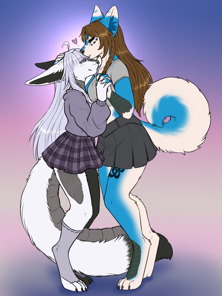 anthro blue_body blue_fur bottomwear brown_hair clothing cuddling digitigrade duo facial_piercing female female/female forehead_kiss fur grey_hair hair hug lip_piercing lip_ring long_hair nose_piercing nose_ring piercing ring_piercing sapphic septum_piercing septum_ring skirt ajna canid canine canis domestic_dog fennec_fox fox husky hybrid mammal nordic_sled_dog spitz true_fox 3:4 hi_res