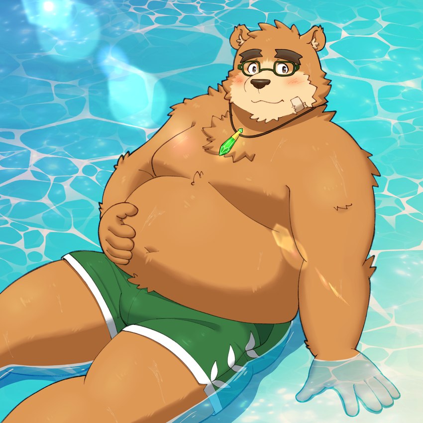 anthro band-aid bandage belly big_belly blush bottomwear brown_body brown_fur clothing eyewear fur glasses humanoid_hands kemono male moobs navel overweight overweight_male shorts sitting solo swimwear water yaki_atsuage lifewonders tokyo_afterschool_summoners volos_(tas) bear mammal 1:1 2024 hi_res