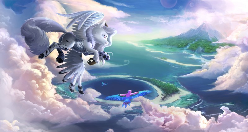 ambiguous_gender blue_body blue_feathers day detailed_background duo feathered_wings feathers female feral flying hooves outside smile white_body white_feathers wings devinian hasbro my_little_pony mythology fan_character avian bird equid equine mammal mythological_creature mythological_equine pegasus absurd_res hi_res