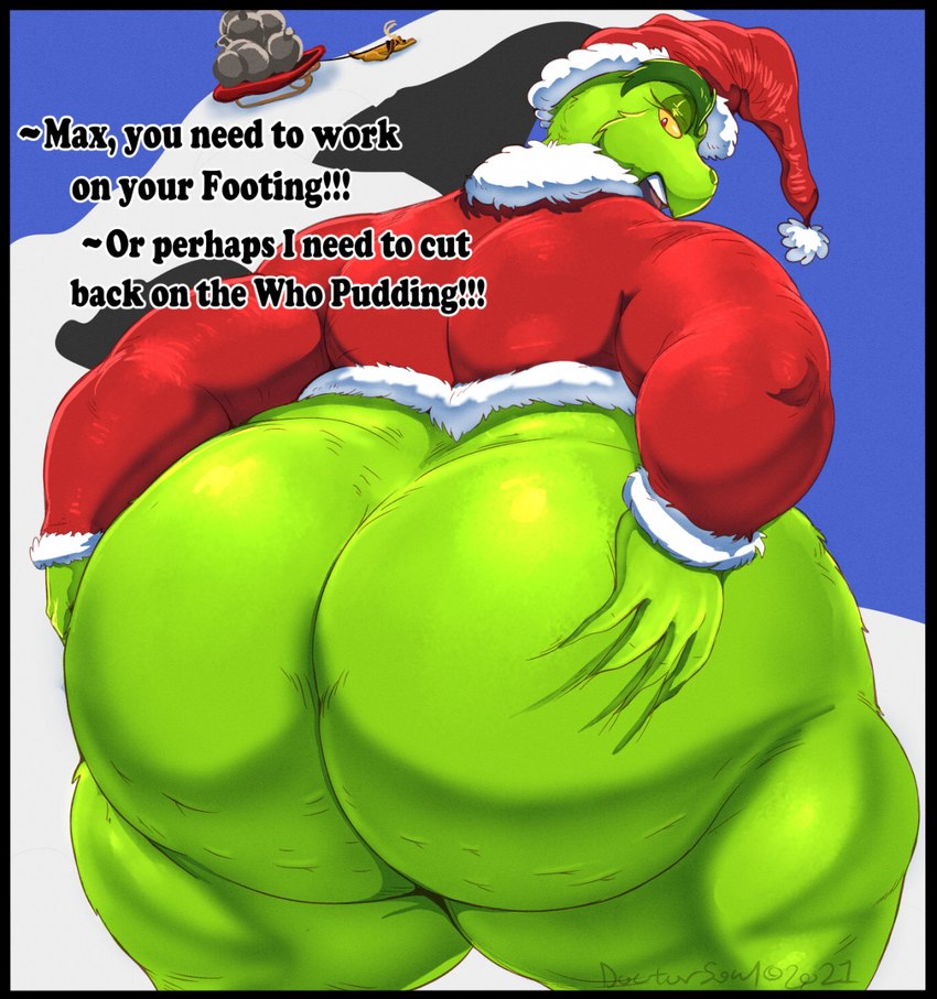 antlers big_butt blue_sky bottom_heavy bottomless bottomless_male bubble_butt butt butt_grab cellulite christmas_clothing christmas_headwear clothed clothing costume eyebrows eyelashes feral fur green_body green_fur hand_on_butt hat headgear headwear holidays horn huge_butt huge_hips huge_thighs hyper hyper_butt looking_back male mountain obese open_mouth overweight overweight_male red_eyes rhyme santa_costume santa_hat sky sled snow solo text thick_eyebrows thick_eyelashes thick_thighs wide_hips yellow_sclera soulman1 christmas dr._seuss how_the_grinch_stole_christmas! grinch max_(the_grinch) canid canine humanoid mammal 2021 english_text hi_res