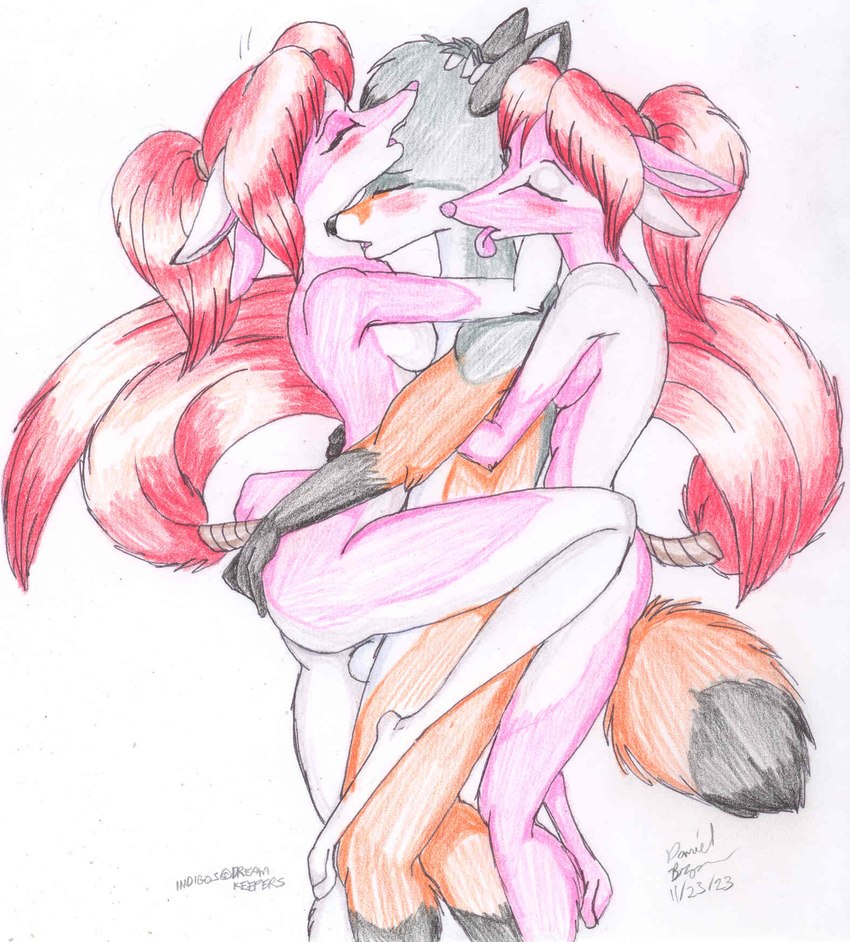 anthro balls black_nose blush breasts dipstick_tail eyes_closed female female_penetrated fur genitals gloves_(marking) group group_sex hair leg_markings male male/female male_penetrating male_penetrating_female markings nude orange_body orange_fur penetration pink_body pink_fur pink_nose red_hair sex socks_(marking) tail tail_markings text threesome tongue tongue_out trio inkohaulyc-1 dreamkeepers digo_marrallang indi_marrallang indigo_marrallang mitch_(inkohaulyc-1) canid canine fox mammal 2023 english_text hi_res