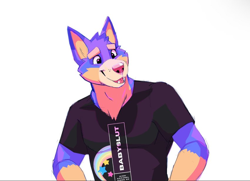 anthro biped black_clothing black_shirt black_topwear brown_body brown_eyebrows brown_fur clothed clothing eyebrows fur male multicolored_body multicolored_fur open_mouth open_smile pink_nose purple_body purple_fur sharp_teeth shirt simple_background smile solo teeth text thick_eyebrows topwear two_tone_body two_tone_fur white_background daire301 daire_(dog) canid canine canis domestic_dog mammal 2023 digital_media_(artwork) english_text hi_res