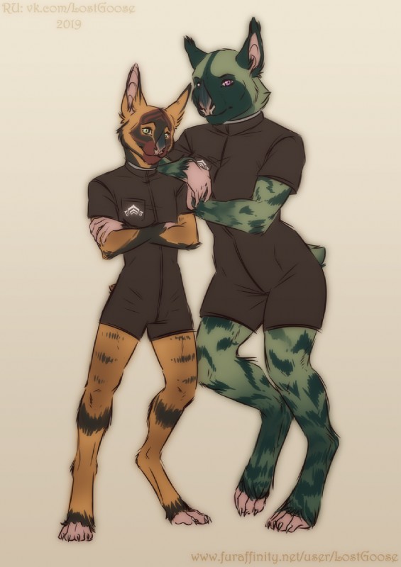 anthro clothed clothing duo female fur male short_tail simple_background tail lostgoose digital_extremes tencent warframe alien canid canine kubrow mammal 2019 hi_res