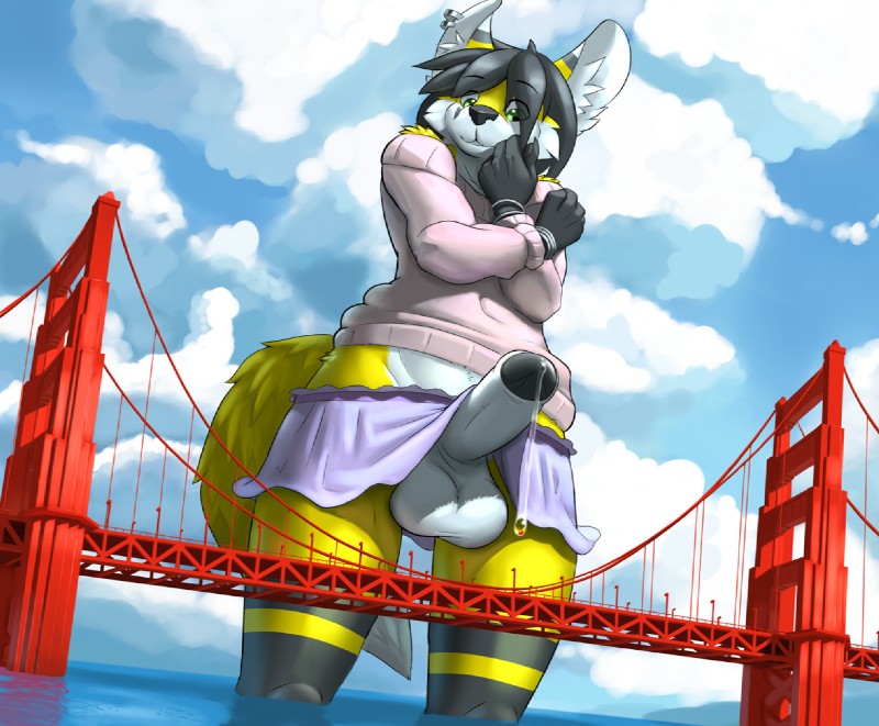 anthro balls biped black_body black_fur black_hair bodily_fluids bottomwear bracelet bridge clothed clothing cloud crop_top crossdressing day detailed_background dipstick_tail ear_piercing ear_ring erection eye_through_hair femboy foreskin fur genital_fluids genitals golden_gate_bridge green_eyes hair humanoid_genitalia humanoid_penis inner_ear_fluff jewelry jumper low-angle_view macro male markings multicolored_body multicolored_fur multicolored_tail no_underwear outside partially_retracted_foreskin penis piercing precum public public_erection ring_piercing san_francisco sea shirt shoulderless_sweater skirt sky slightly_chubby solo standing sweater tail tail_markings topwear translucent translucent_hair tuft two_tone_tail water white_body white_fur white_tail yellow_body yellow_fur yellow_tail ozoneserpent logan_grey mammal unknown_species story story_in_description