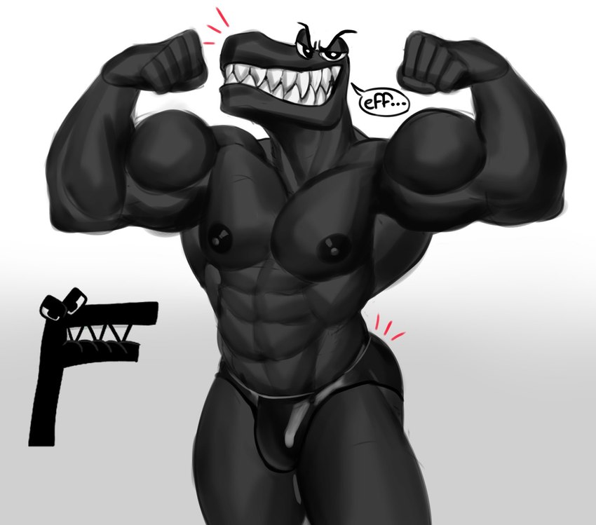 abs anthro biceps black_body black_clothing black_thong black_underwear bulge butt clothing dialogue flexing flexing_bicep flexing_both_biceps male muscular muscular_male pecs pokemon_speak simple_background solo speech_bubble text thong underwear dirtymache alphabet_(mike_salcedo) f_(mike_salcedo) scalie 2022 greyscale hi_res monochrome