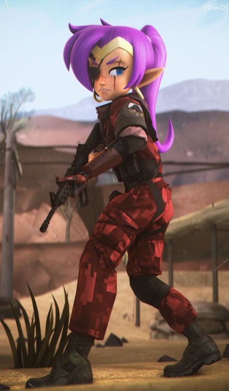 ar-10 ar_platform blue_eyes boots chromatic_aberration clothed clothing ear_piercing ear_ring eye_patch eyewear facial_scar female footwear gun hair holding_gun holding_object holding_ranged_weapon holding_rifle holding_weapon humanoid_pointy_ears lips not_furry outside parody piercing pointy_ears ponytail purple_eyes purple_hair ranged_weapon rifle ring_piercing scar shoes solo stoner_rifle weapon owo_sfm konami metal_gear shantae_(series) wayforward shantae venom_snake genie humanoid 3d_(artwork) absurd_res digital_media_(artwork) hi_res