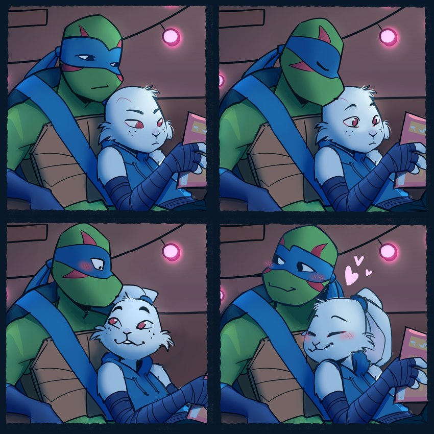 blush duo eyes_closed furniture heart_symbol hug inside kissing light_bulb male reading red_eyes romantic sofa unknownplants rise_of_the_teenage_mutant_ninja_turtles teenage_mutant_ninja_turtles usagi_yojimbo leonardo_(tmnt) miyamoto_usagi lagomorph leporid mammal pond_slider rabbit red-eared_terrapin reptile scalie terrapin turtle 1:1 absurd_res comic hi_res