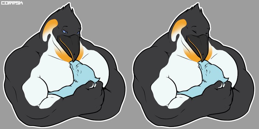 anthro beak biceps duo feathers hug male muscular muscular_anthro muscular_male pecs smile sticker corrsk ben_the_penguin avian bird emperor_penguin penguin 2:1 digital_media_(artwork)