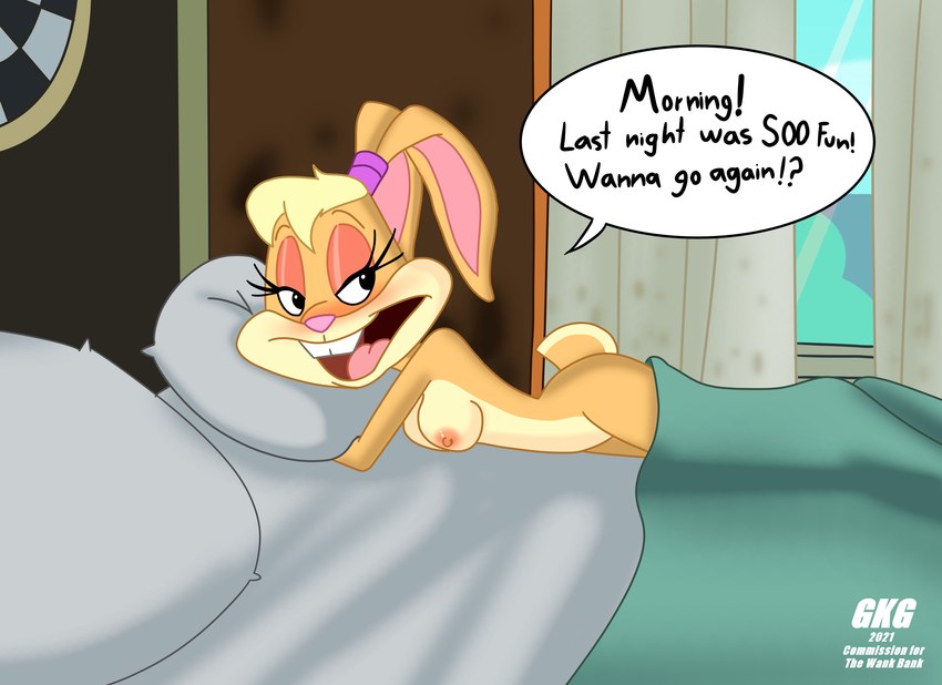 after_sex anthro areola bed blonde_hair blush breasts buckteeth curtains dialogue eyelashes female female_anthro furniture hair inside looking_at_viewer morning_after nipples on_bed open_mouth pillow solo speech_bubble talking_to_viewer teeth text tongue window gkg looney_tunes the_looney_tunes_show warner_brothers lola_bunny lagomorph leporid mammal rabbit english_text hi_res