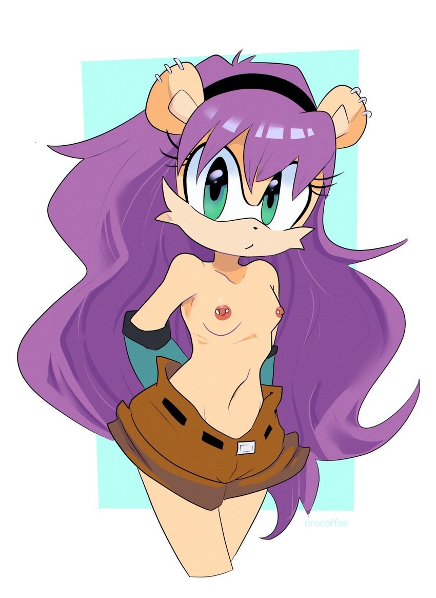 anthro bottomwear breasts clothed clothing ear_piercing female front_view fur hair hands_behind_back long_hair looking_at_viewer nipple_piercing nipples piercing purple_hair shorts solo standing tan_body tan_fur topless topless_anthro topless_female erocoffee archie_comics sega sonic_the_hedgehog_(archie) sonic_the_hedgehog_(comics) sonic_the_hedgehog_(series) mina_mongoose herpestid mammal mongoose 2022 hi_res portrait three-quarter_portrait