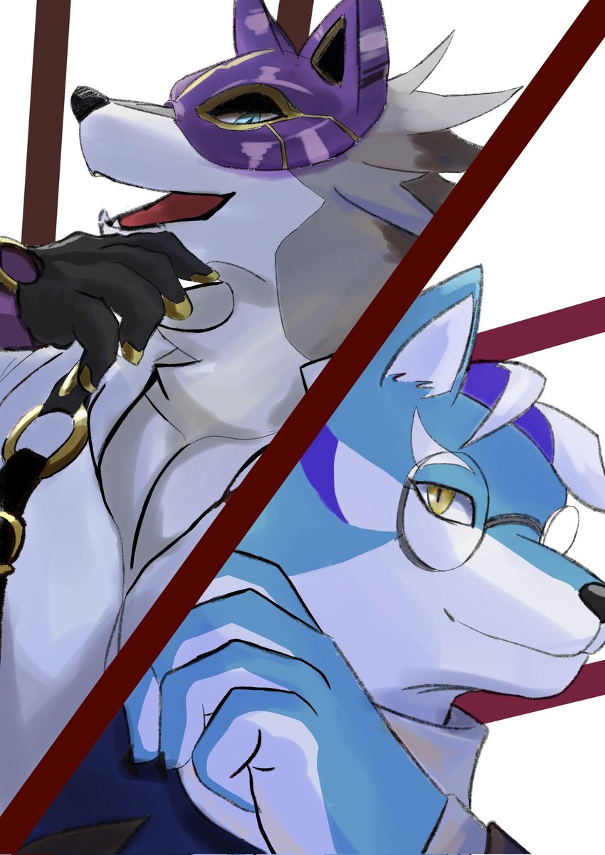 anthro blue_body blue_eyes blue_fur clothing duo eyewear fur glasses gloves grey_body grey_fur handwear male mask pecs phantom_thief smile yellow_eyes huruyoki lifewonders live_a_hero esperdica vulpecula canid canine canis fox mammal wolf hi_res