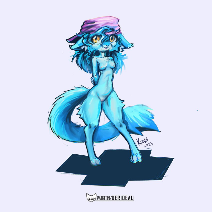 anthro blue_body blue_fur blue_hair breasts clothing female fur genitals hair hands_behind_back hat headgear headwear letters long_tail pussy shadow simple_background solo standing symbol tail text tuft white_background yellow_eyes kiaun derideal laura_(derideal) domestic_cat felid feline felis mammal 1:1 2023 colored digital_drawing_(artwork) digital_media_(artwork) hi_res shaded signature url