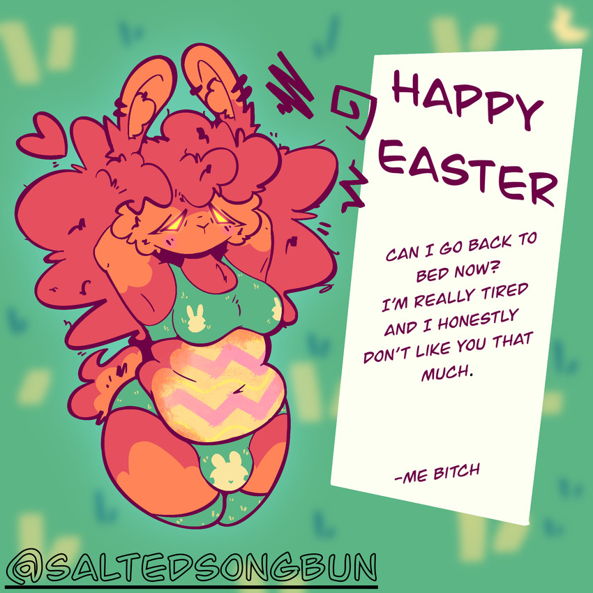 anthro belly biped bodypaint bulge clothed clothing gynomorph gynomorph_anthro holidays intersex intersex_anthro paint partially_clothed slightly_chubby solo caramelody easter chichi_(caramelody) lagomorph leporid mammal rabbit 1:1 hi_res