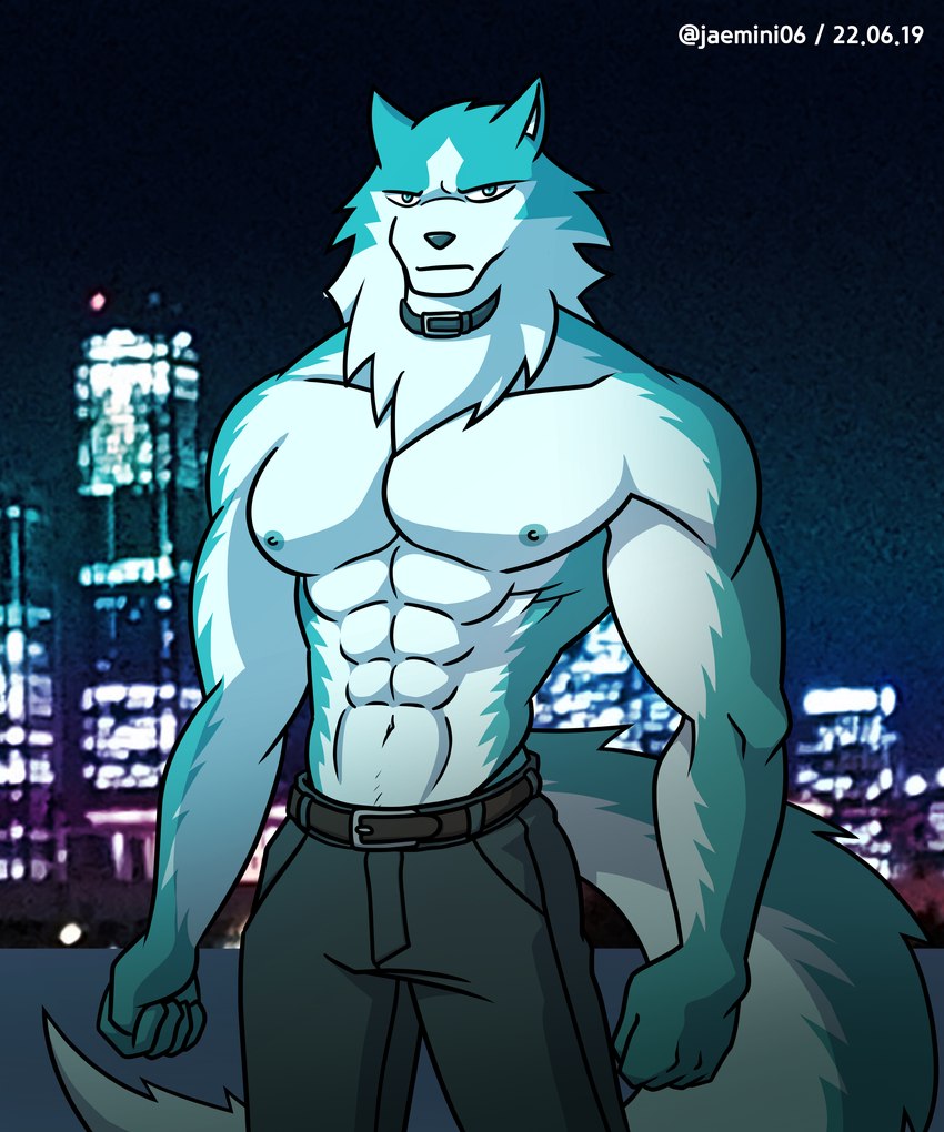 abs anthro big_pecs black_bottomwear black_clothing black_pants bottomwear clothed clothing male muscular muscular_anthro muscular_male navel nipples pants pants_only pecs solo suit_pants topless topless_anthro topless_male alkan brand_new_animal studio_trigger shirou_ogami canid canine canis mammal wolf 5:6 absurd_res hi_res