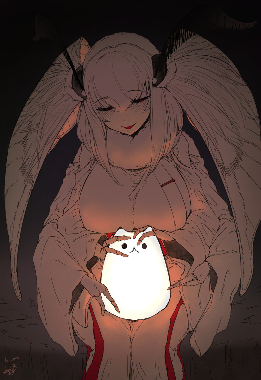 breasts clothed clothing female fur hair holding_object lamp multi_arm multi_limb red_eyes sitting solo solopipb mashiro_(solopipb) animal_humanoid arthropod arthropod_humanoid humanoid insect insect_humanoid lepidopteran lepidopteran_humanoid moth moth_humanoid 2021 hi_res