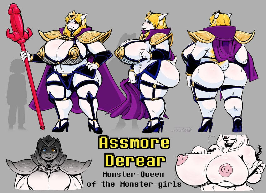 alternate_universe ankle_strap_heels anthro armor big_breasts big_butt bikini_armor black_clothing black_footwear black_high_heels blonde_hair breasts butt cape clothed clothing crossgender crown curvy_figure fangs female footwear grey_background hair headgear heterochromia high_heels huge_breasts huge_butt leather leather_strap looking_at_viewer mature_female mtf_crossgender nipples pauldron pumps shoes shoulder_pads simple_background smile solo straps teeth text turnaround unconvincing_armor voluptuous white_body wide_hips thewill under(her)tail undertale undertale_(series) asgore_dreemurr assmore_derear boss_monster_(undertale) bovid caprine goat mammal monster 2021 digital_media_(artwork) english_text model_sheet