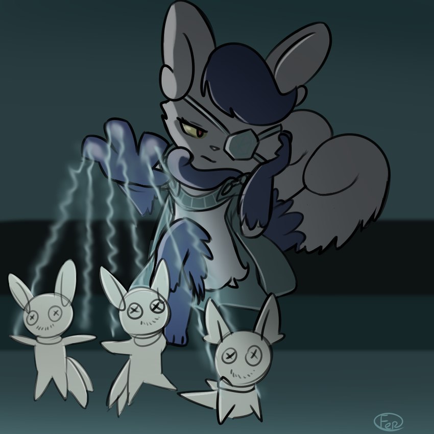 female puppet puppeteer sitting solo voodoo voodoo_doll ferrissimulator nintendo pokemon domestic_cat felid feline felis generation_6_pokemon mammal meowstic pokemon_(species) 1:1