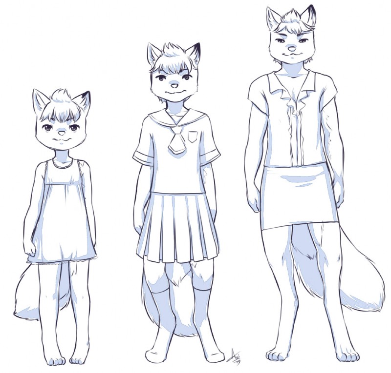 age_progression anthro barefoot bottomwear clothed clothing crossdressing digitigrade dress feet footwear legwear male simple_background size_difference skirt socks solo young young_anthro young_male aogami sepfy canid canine fox mammal 2015 hi_res