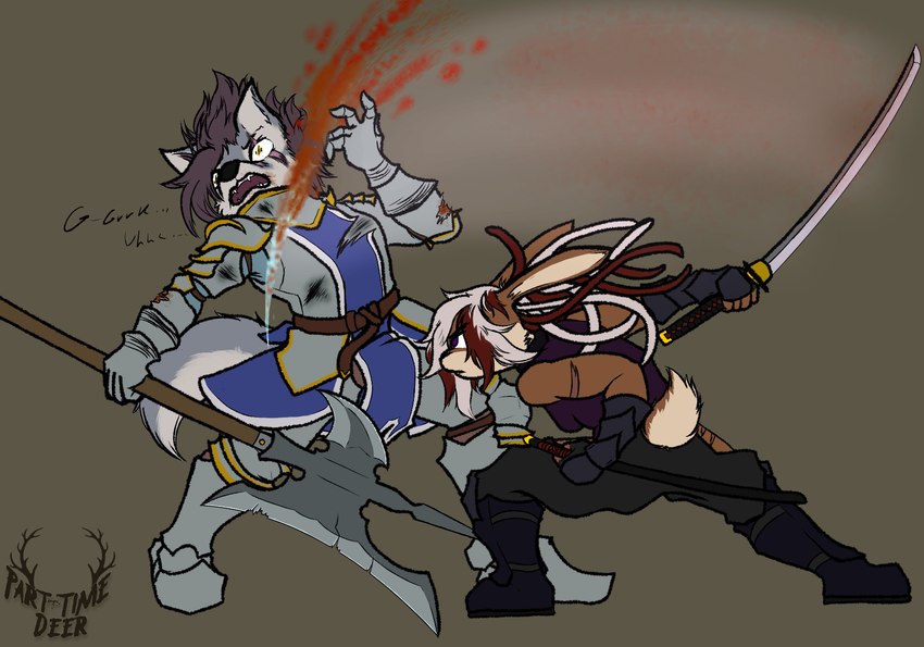 abstract_background anthro armor biped blood bodily_fluids clothing digitigrade duo facial_scar female footwear gloves gore hair halberd handwear katana melee_weapon multicolored_hair plantigrade plate_armor polearm scar shoes slit_throat sword text torn_clothing two_tone_hair violence_focus weapon wounded parttimedeer artfight2024 jaclyn_(revertigo) canid canine canis domestic_dog husky hybrid lagomorph leporid mammal nordic_sled_dog rabbit spitz wolf hi_res signature