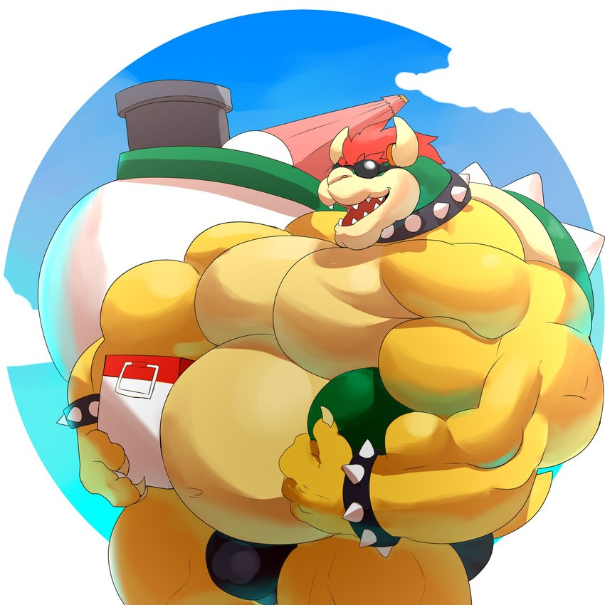 2_horns 4_fingers anthro beach_umbrella belly big_belly big_bulge big_muscles big_pecs black_clothing black_thong black_underwear bracelet bulge clothing cloud collar cooler eyewear fingers green_shell hair holding_object horn huge_muscles hyper hyper_muscles jewelry koopa_clown_car male muscular muscular_anthro muscular_male navel open_mouth outside overweight overweight_anthro overweight_male parasol pecs pink_tongue red_hair sharp_teeth shell solo spiked_bracelet spiked_collar spiked_shell spikes spikes_(anatomy) sunglasses teeth thong tongue underwear white_horn yellow_belly demondragoncyan mario_bros mythology nintendo bowser dragon koopa mythological_creature mythological_scalie scalie 1:1 absurd_res hi_res