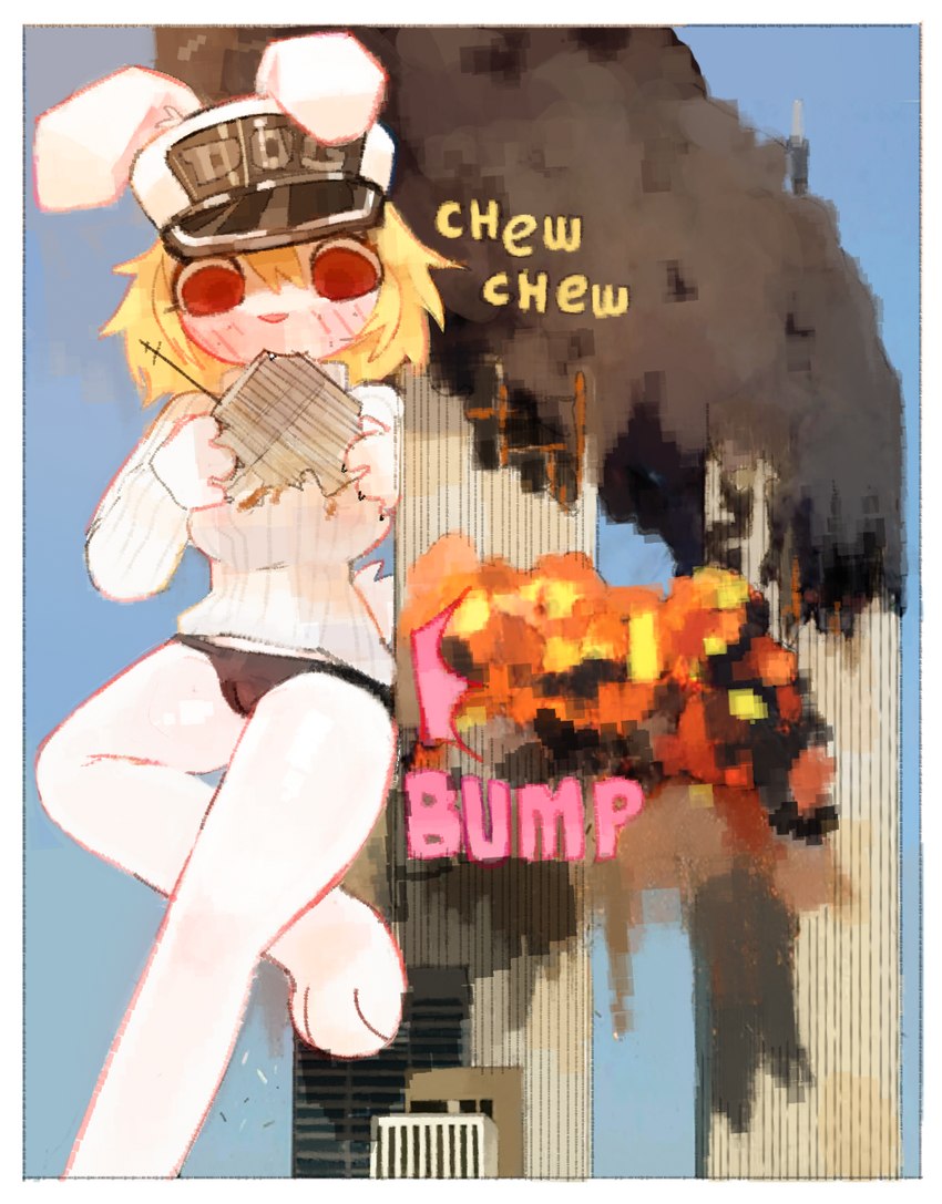 4_fingers anthro big_breasts black_clothing black_panties black_smoke black_underwear blonde_hair blue_sky blush blush_lines border breasts brown_eyes building building_destruction bump burning_building button_ears camel_toe chewing chewing_object claws clothed clothing day destruction detailed_background eating_object explosion fangs female female_anthro finger_claws fingers fire floppy_ears fur hair hair_between_eyes handpaw hat headgear headwear hindpaw holding_building holding_object holding_with_two_hands leaning_on_building looking_down looking_down_at_object macro outside panties pantsless paws peaked_cap pink_blush pink_nose red_eyes short_hair sky smoke solo sound_effects sweater teeth text text_on_clothing text_on_hat text_on_headwear topwear twin_towers underwear white_body white_border white_clothing white_ears white_fur white_hat white_headwear white_sweater white_topwear dogmasque9999 9/11 puella_bunnington lagomorph leporid mammal rabbit 2024 adobe_photoshop_(artwork) digital_media_(artwork) digital_painting_(artwork) hi_res shaded