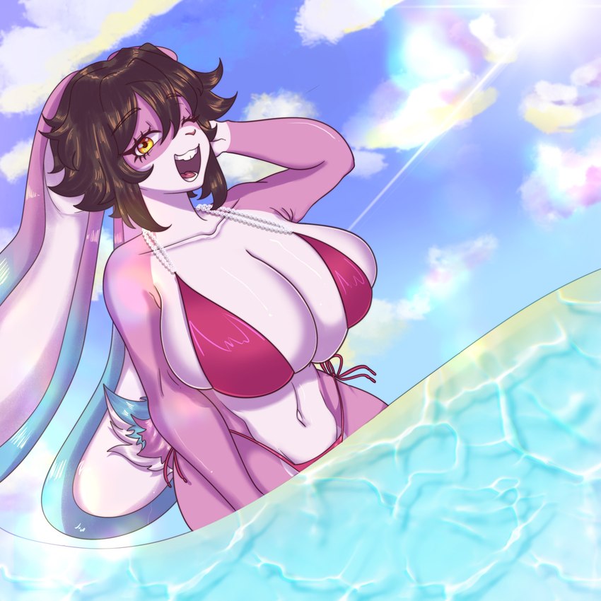 anthro big_breasts bikini breasts cleavage clothed clothing cloud detailed_background female floppy_ears fur huge_breasts lop_ears one_eye_closed open_mouth partially_submerged pink_body pink_fur scut_tail sea short_tail skindentation solo swimwear tail two-piece_swimsuit water wink dttext remmy_(remybunny) lagomorph mammal 1:1 absurd_res hi_res trans_(lore) trans_woman_(lore)