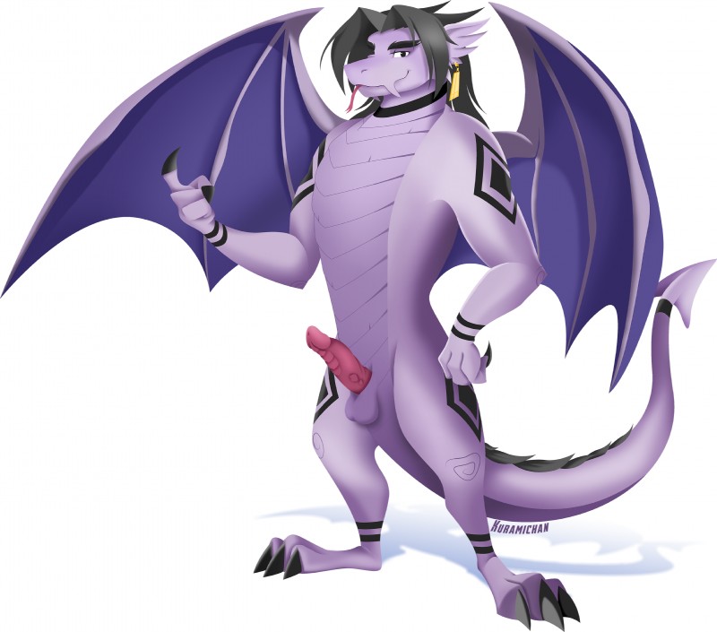 anthro balls ear_piercing fangs genitals male nude penis piercing simple_background smile solo standing tail teeth tongue tongue_out wings kuramichan activision mythology spyro_reignited_trilogy spyro_the_dragon fan_character zychronos dragon mythological_creature mythological_scalie scalie absurd_res hi_res