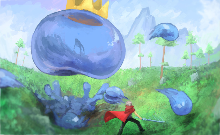 ambiguous_gender cape clothed clothing crown duo grass headgear melee_weapon mountain not_furry outside plant size_difference sword translucent translucent_body tree weapon deacon_geek terraria king_slime_(terraria) goo_creature human mammal slime_(terraria) hi_res