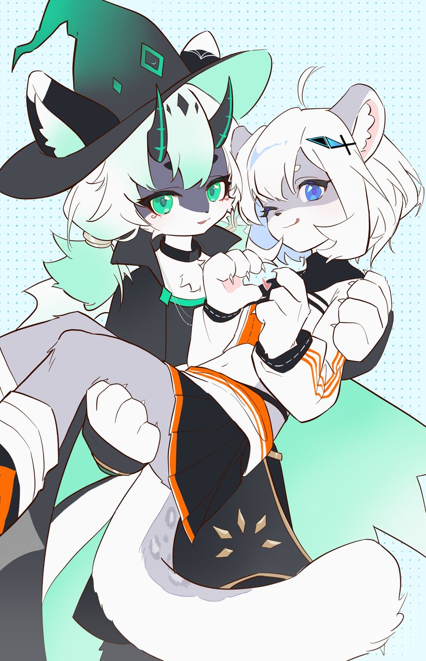 anthro blue_eyes clothed clothing duo female female/female green_eyes hug kemono lyingh simple_background pune yunuo_(character) domestic_cat felid feline felis leopard mammal pantherine absurd_res hi_res