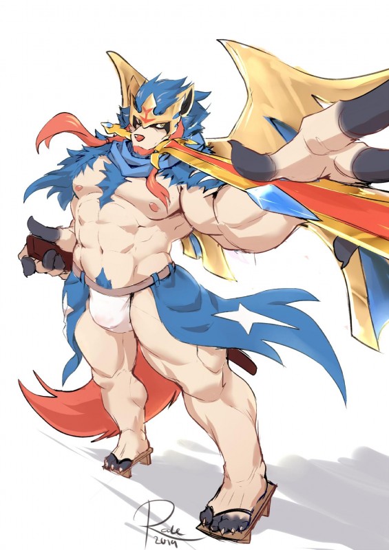 5_toes abs anthro anthrofied biped blue_body blue_clothing blue_fur blue_hair chest_fur claws clothed clothing feet footwear foreshortening fur hair holding_melee_weapon holding_object holding_sword holding_weapon male melee_weapon mouth_hold muscular muscular_anthro muscular_male navel nipples object_in_mouth pecs pink_nipples plantigrade pokemorph pubes red_body red_fur red_nose red_tail sandals shoes simple_background smile solo standing sword sword_in_mouth tail toe_claws toes topless underwear weapon white_clothing white_underwear yellow_eyes ralefov nintendo pokemon canid canine crowned_sword_zacian generation_8_pokemon legendary_pokemon mammal pokemon_(species) zacian 2019 hi_res