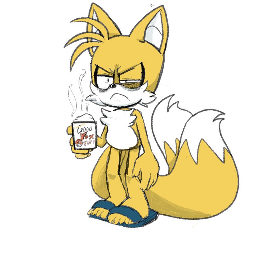 2_tails anthro beverage biped black_nose blonde_hair blue_flip_flops clothing coffee_mug container countershading cup dipstick_tail flip_flops fluffy fluffy_tail footwear footwear_only frown fur grumpy hair holding_container holding_cup holding_mug holding_object hot_drink long_tail male male_anthro markings mostly_nude mostly_nude_anthro mostly_nude_male mug multi_tail multicolored_body multicolored_fur orange_body orange_fur print_mug sandals shoes shoes_only simple_background solo standing steam tail tail_markings text two_tone_body two_tone_fur two_tone_tail white_background white_body white_countershading white_fur white_inner_ear white_tail yellow_body yellow_ears yellow_fur yellow_tail buttermoth sega sonic_the_hedgehog_(series) miles_prower canid canine fox mammal 2023 digital_media_(artwork) english_text full-length_portrait hi_res portrait