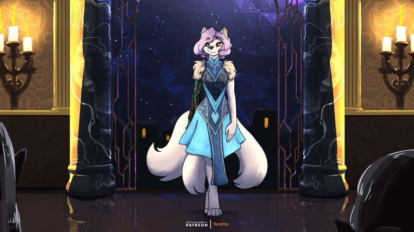 anthro candelabra candle clothing dress entry_way female fur hair heterochromia marble_pillars multi_tail orange_eyes prosthetic prosthetic_arm prosthetic_limb purple_eyes purple_hair scenery silhouette solo tail underdark white_body white_fur feretta rey_(reaperonico) arctic_fox canid canine fox mammal true_fox 2024 hi_res