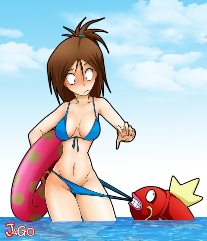 barbel_(anatomy) big_breasts blush bra breasts clothed clothing duo female feral flesh_whiskers hair human_focus not_furry_focus outside panties sea seaside simple_background skimpy sky smile standing teeth underwear water white_background jago_dibuja coppertone_(sunscreen) nintendo pokemon coppertone_girl fish generation_1_pokemon human magikarp mammal marine pokemon_(species) 2014 hi_res