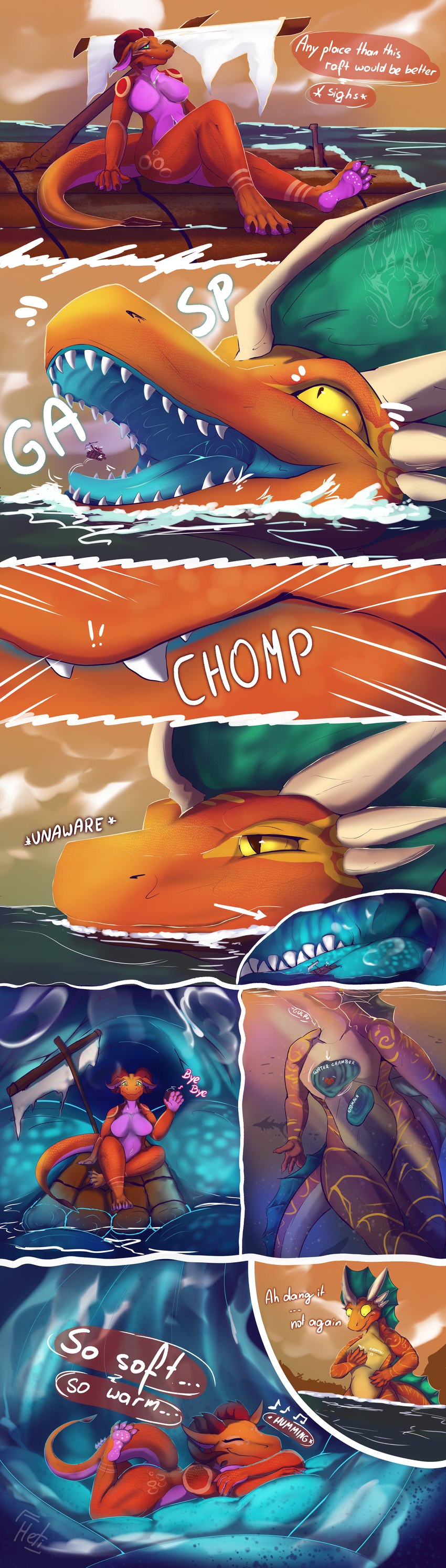 anthro anthro_pred belly blue_insides blue_tongue boat bodily_fluids breasts claws comic_panel dialogue duo endosoma extreme_size_difference feet female frill_(anatomy) horn inside internal larger_male macro male male/female markings nude open_mouth oral_vore orange_body outside raft red_body safe_vore scales sea simple_background size_difference sky smile soft_vore solo speech_bubble tail teeth text toes tongue underwater unusual_insides vehicle vore water watercraft dragheti mythology reo_(dragheti) aquatic_dragon dragon fish kobold mammal marine mythological_creature mythological_scalie reptile scalie 2024 absurd_res comic digital_media_(artwork) english_text hi_res