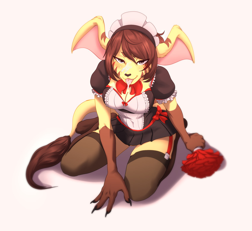 anthro big_ears blush bodily_fluids breasts brown_body brown_fur brown_hair clothed clothing cum female fur genital_fluids genitals grey_eyes hair kneeling legwear looking_at_viewer maid_uniform pussy solo stockings tan_body tan_fur thigh_highs tongue uniform beezlebumawoken conditional_dnp slightly_damned xena_slatesight jakkai mammal 2020