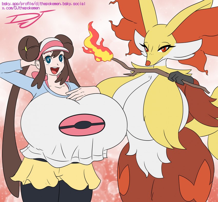 anthro big_breasts breasts curvy_figure duo female hand_behind_head hand_on_breast hourglass_figure huge_breasts hyper hyper_breasts wand wide_hips djthepokemen nintendo pokemon rosa_(pokemon) delphox generation_6_pokemon human mammal pokemon_(species) hi_res