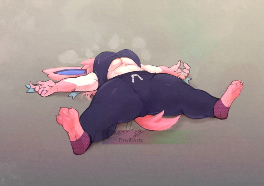 after_exercise anthro big_breasts black_bottomwear black_clothing black_topwear blue_inner_ear bodily_fluids bottomwear breasts claws clothing exhausted feet female finger_claws fur gloves_(marking) hair lying markings on_back on_ground pawpads paws pink_body pink_ears pink_fur pink_hair pink_pawpads pink_tail pokemorph simple_background soles solo spread_legs spreading sweat tail toe_claws toes topwear under_boob white_body thwillartz nintendo pokemon vince_(thwillartz) eeveelution generation_6_pokemon mammal pokemon_(species) sylveon 2024 artist_name colored digital_drawing_(artwork) digital_media_(artwork) digital_painting_(artwork) portrait shaded signature watermark