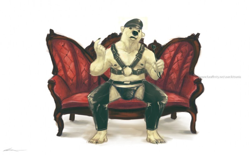 anthro bdsm beckoning chaps clothing furniture gesture harness hat headgear headwear loveseat male nipples riding_crop sofa solo whip kitsunia taranis bear mammal polar_bear ursine 2012