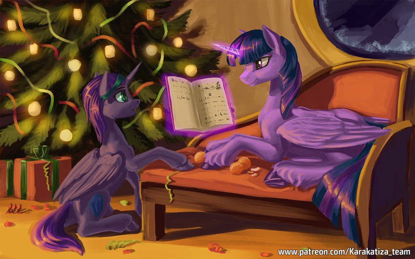 book christmas_tree duo feathered_wings feathers female feral furniture gift green_eyes hair holidays hooves horn inside levitation magic multicolored_hair plant purple_eyes smile sofa text tree underhoof wings young young_feral kirillk christmas friendship_is_magic hasbro my_little_pony mythology past_sins_(fanfic) fan_character nyx_(mlp) twilight_sparkle_(mlp) equid equine horse mammal mythological_creature mythological_equine pony winged_unicorn 16:10 hi_res url widescreen