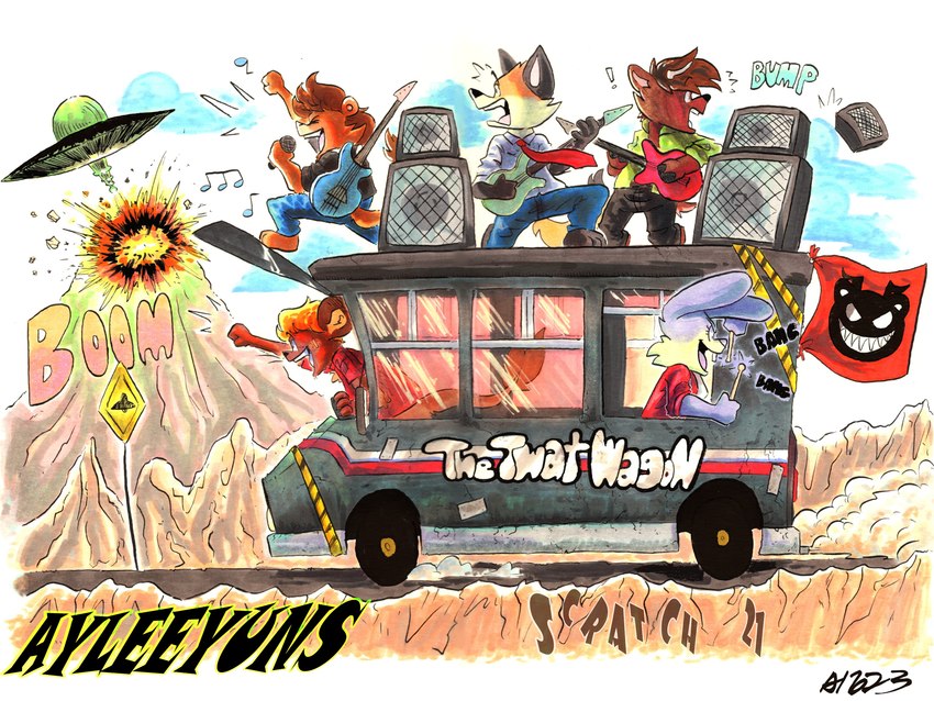 anthro antlers band bass_guitar black_body black_bottomwear black_clothing black_fur black_pants black_shirt black_topwear blonde_hair blue_bottomwear blue_clothing blue_pants bottomwear brown_body brown_fur brown_hair brown_mane buckteeth bus cheek_tuft clothed clothing commercial_vehicle detailed_background drumming_stick electronics explosion eyes_closed facial_tuft female fist flag floppy_ears flying_saucer frown fully_clothed fur green_clothing green_jacket green_topwear grin group guitar hair happy head_tuft horn inside_bus jacket long_ears male mane microphone mountain musical_instrument musical_note musical_symbol necktie orange_body orange_fur outside pants percussion_mallet pink_body pink_fur plucked_string_instrument public_transportation raised_arm red_clothing red_necktie red_shirt red_topwear road scared scut_tail shirt short_tail sign sky smile standing string_instrument symbol tail tail_tuft tan_body tan_fur teeth text topwear tuft ufo vehicle vehicle_for_hire white_clothing white_shirt white_topwear wide_eyed aidens_design scratch21 cooper_(scratch21) ed_(scratch21) matt_(scratch21) riley_(scratch21) canid canine deer felid fox lagomorph leporid lion mammal pantherine rabbit red_fox true_fox 2023 4:3 absurd_res hi_res signature