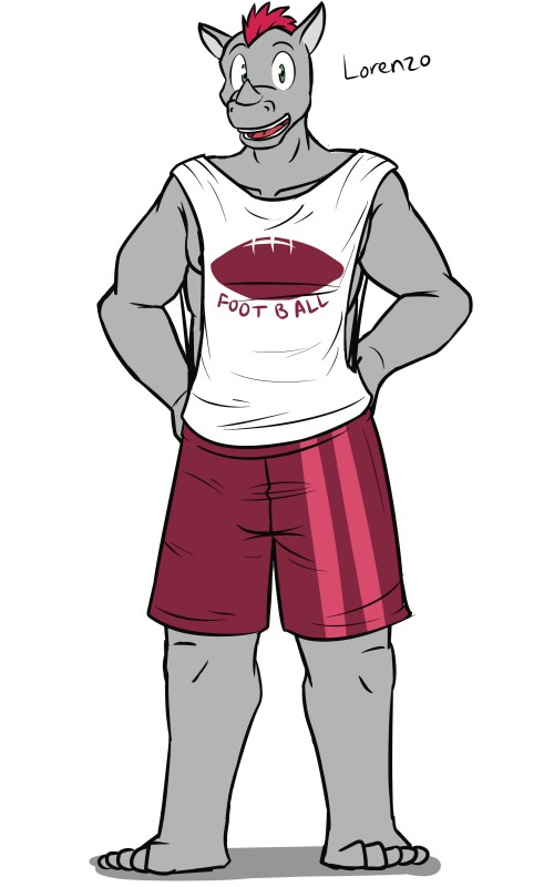 anthro bottomwear clothed clothing male shirt shorts solo standing tank_top topwear fuze texnatsu lorenzo_(texnatsu) mammal rhinoceros 5:8 absurd_res character_name hi_res